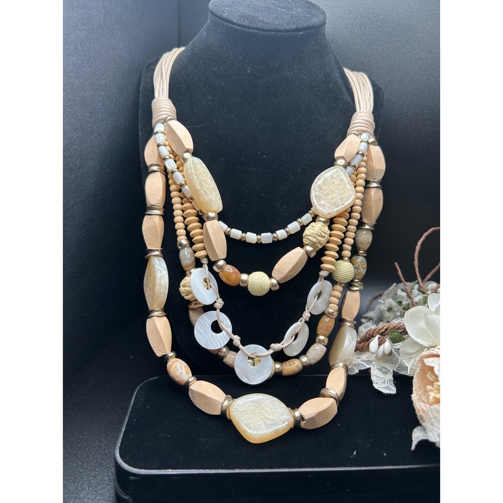Chico's Layered Statement Necklace Boho Natural Wood Shell Beaded Bib Necklace